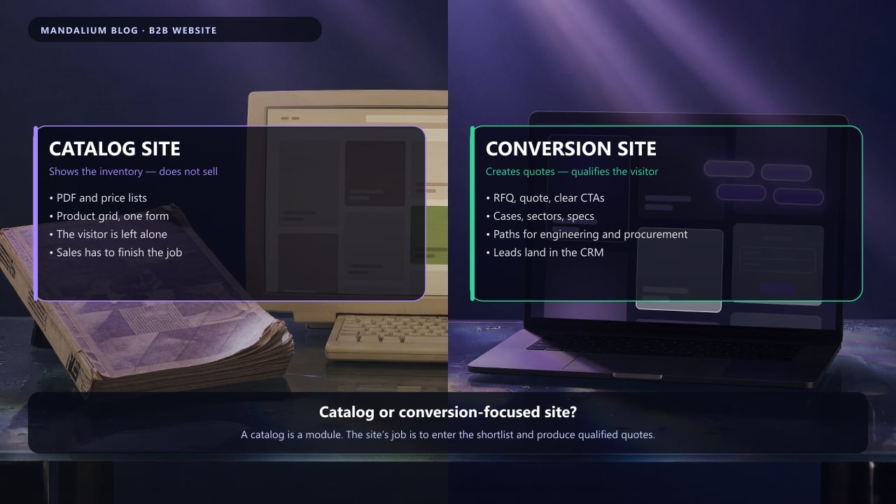 Infographic comparing a B2B catalog site with a conversion-focused site: PDF and product grid versus RFQ, CTAs, and qualified leads