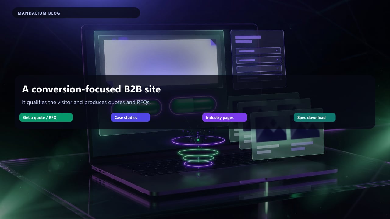 Infographic of a conversion-focused B2B site with quote, RFQ, case study, and spec-download layers