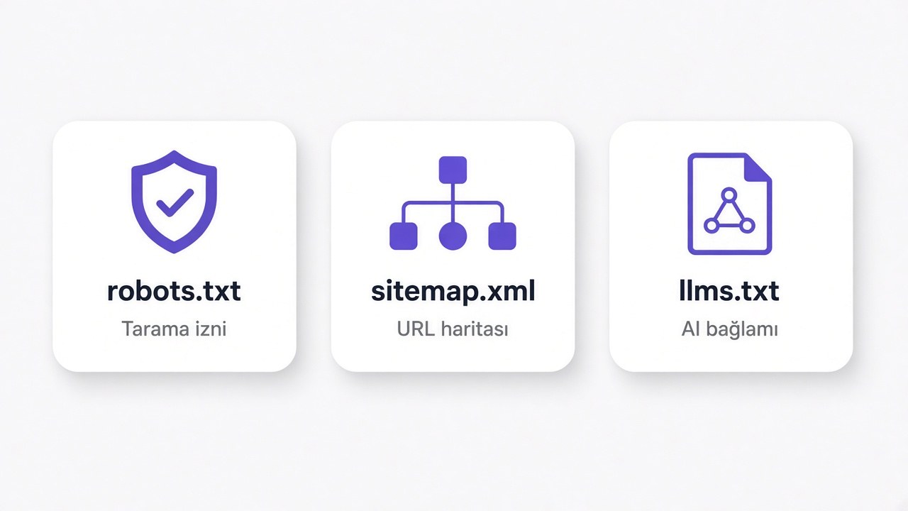 Üç kart: robots.txt tarama izni, sitemap.xml URL haritası, llms.txt AI bağlamı