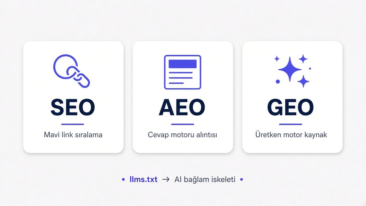 SEO, AEO ve GEO üç katman: mavi link sıralama, cevap motoru alıntısı, üretken motor kaynak; altta llms.txt AI bağlam iskeleti