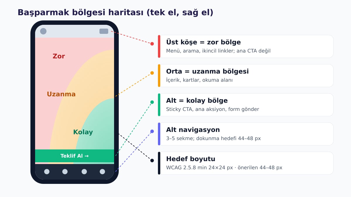 Başparmak bölgesi haritası: üst köşe zor, orta uzanma, alt kolay bölge; sticky CTA, alt navigasyon ve WCAG 2.5.8 hedef boyutu notları